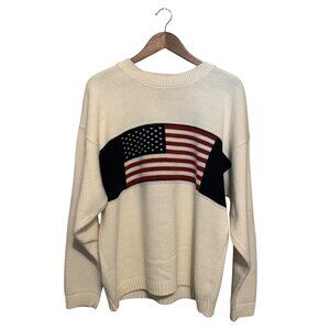 Vintage New Era American Flag Sweater XL Unisex 100% Acrylic Knit USA-Made Ivory